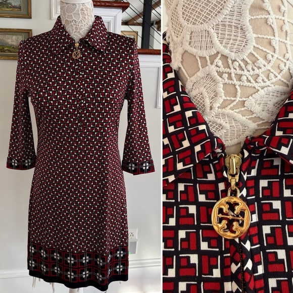 Tory Burch Dresses & Skirts - TORY BURCH Red and Black Geometric Long Sleeve Silk Dress Small